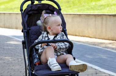 Bebek arabasında bir yaz parkında yürüyüş. Çekmecede oturan sevimli küçük kız. Bebek arabasındaki çocuk