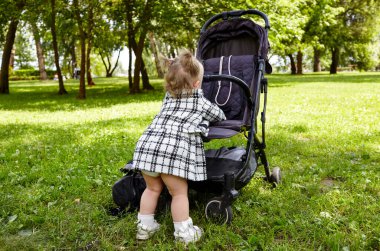 Bebek, yaz parkında yürüyüş yaparken bebek arabasını itiyor. Sevimli küçük kız sandalyenin yanında ve annesini bekliyor.