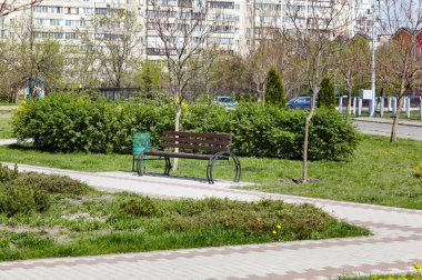 Avrupa 'nın başkenti Kyiv' de çiçek açan ağaçlar ve süslü çalılarla çevrili bir dinlenme alanı. Baharda şehir parkında dinlenmek için bir yer.