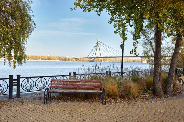 Avrupa 'nın Kyiv kentindeki nehir kenarındaki bankta dinlenme alanı. Şehir parkında dinlenecek bir yer.