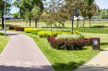 Yol, Avrupa, Kyiv 'de ağaçlar ve süslü çalılarla çevrili. Şehir parkında dinlenme yeri