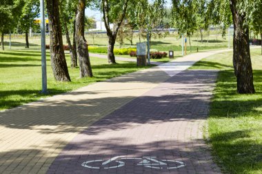 Yol, Avrupa, Kyiv 'de ağaçlar ve süslü çalılarla çevrili. Şehir parkında dinlenme yeri
