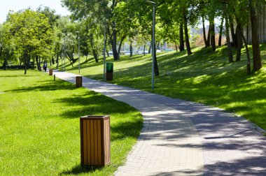 Avrupa, Kyiv 'de ağaçlar ve çimlerle çevrili bir yürüyüş yolu. Şehir parkında dinlenme yeri