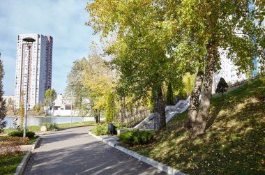 Avrupa, Kyiv 'de ağaçlar ve çimlerle çevrili bir yürüyüş yolu. Sonbahar şehir parkında dinlenme yeri