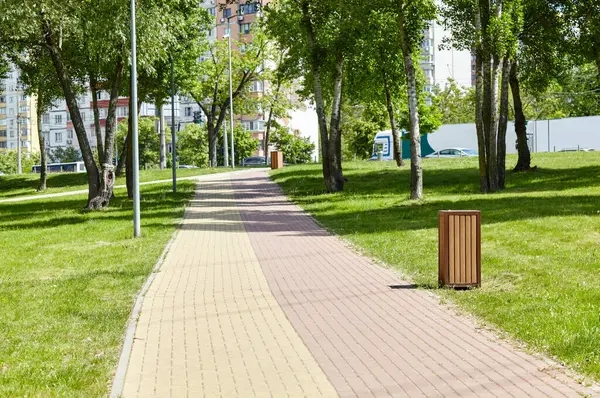 Avrupa, Kyiv 'de ağaçlar ve çimlerle çevrili bir yürüyüş yolu. Şehir parkında dinlenme yeri
