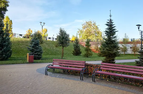 Avrupa 'nın başkenti Kyiv' de ağaçlarla çevrili dinlenme yerleri. Sonbaharda şehir parkında dinlenmek için bir yer