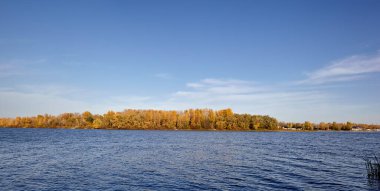 Güzel sonbahar doğa manzarası. Avrupa 'nın başkenti Kyiv' de nehir kenarındaki sık ağaçlarla mavi gökyüzü manzarası