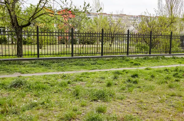 Şehir parkında metal çitler. Korunmak için dekoratif siyah demir parmaklıklar.
