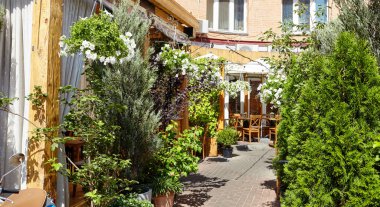 Ukrayna, Kyiv 'de küçük bir açık hava yazlık kafe. Rahatlamak için bir yer, masa, sandalye, bitki örtüsü