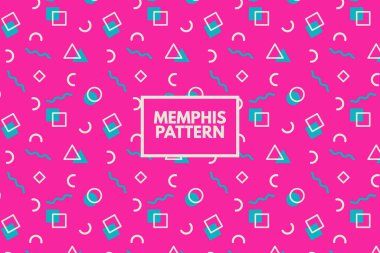 Memphis deseni. Geometrik şekiller kusursuz bir tekrarlama şablonu. Pembe soyut arkaplan