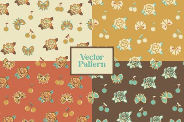 Bir demet çiçek ve kurdele vektörlü kiraz meyvesi.