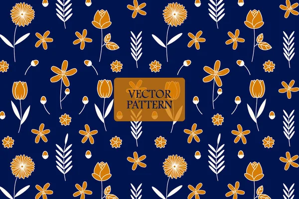 Flores Jardín Pétalos Oro Sobre Fondo Azul Oscuro Patrón Floral — Vector de stock
