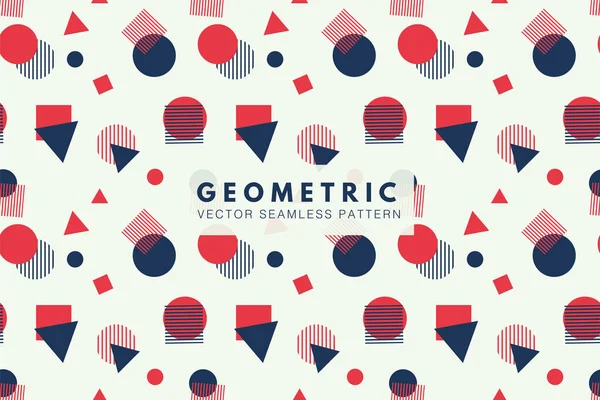 Geometric Memphis Red Dark Blue Shapes White Background Seamless Repeat — Archivo Imágenes Vectoriales
