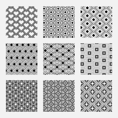 Geometrik kumaş örnekleri. Dokuz örnek. Siyah geometrik şekiller. Vektör kusursuz tekrarlama deseni