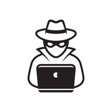 Bilgisayar korsanı dizüstü bilgisayar simgesi, casus ajan beyaz üzerinde izole.