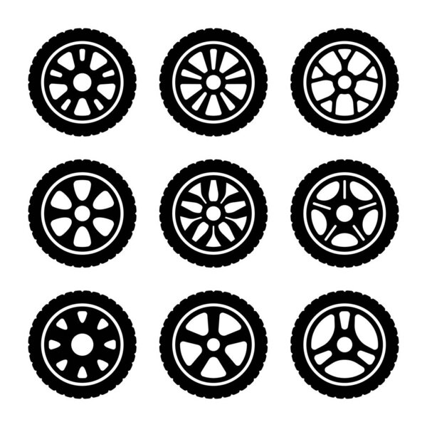 Black rubber wheel tire Icon set. Car wheel isolated illustration.