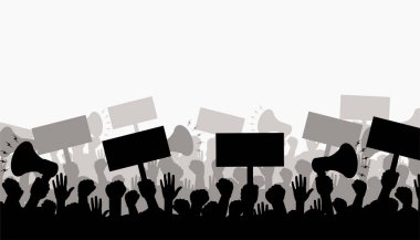 Kaldırılmış elleri ve afişleriyle protesto eden kalabalığın silueti..