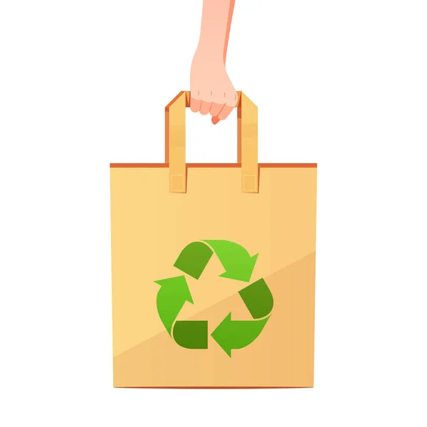 Ręczne Trzymanie Ekologicznej Torby Papierowej Symbolem Recyklingu — Wektor stockowy