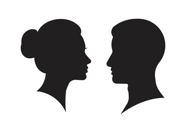 Male and female heads facing silhouette