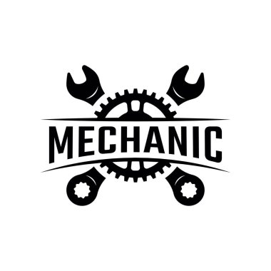 Beyaz arkaplanda izole edilmiş mekanik servis logosu tasarımı vektörü.
