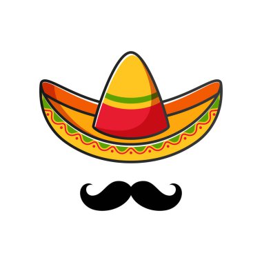 Sombrero şapka ve bıyık vektörü beyaz arkaplanda izole edildi.