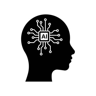 Beyaz arkaplanda yapay zeka çipi simgesine sahip kafa.