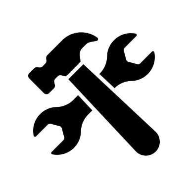 Beyaz arkaplanda izole edilmiş anahtar ve çekiç simgesi.