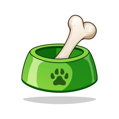 Beyaz arka planda izole edilmiş köpek kasesi vektöründeki çizgi film kemiği.