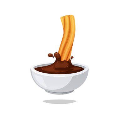 Zengin çikolata sosuna batırılmış Churros beyaz arka planda izole edilmiş..