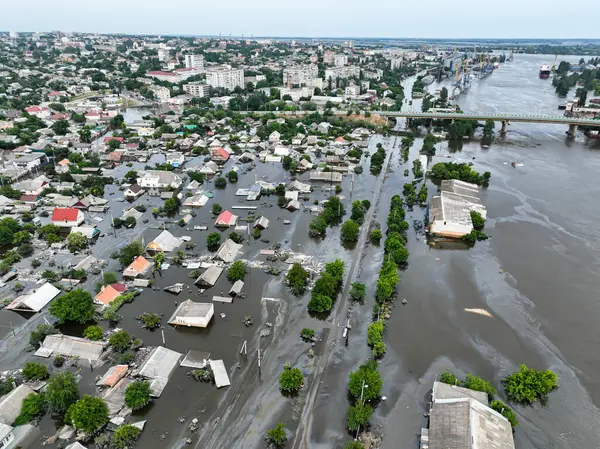 stock image The flooded streets of the city of Kherson after the explosion of the dam of the Kakhovka reservoir. Ecological catastrophe in Ukraine. Russian-Ukrainian war. Exclusive drone footage