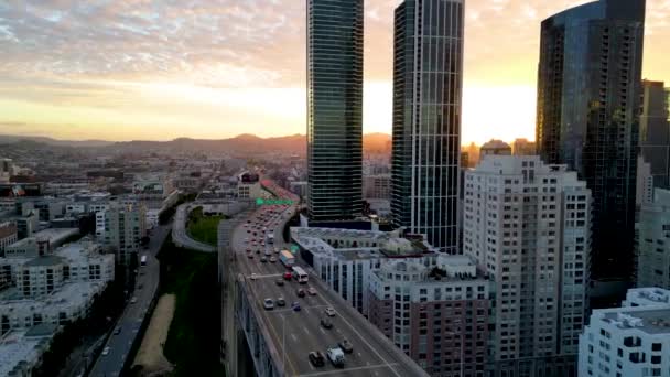 Top Cinematic Aerial View San Francisco City Skyline Golden Sunrise — Stock Video