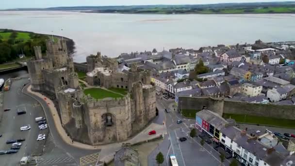 Top Vista Aerea Cinematografica Castello Caernarfon Caernarfon Gwynedd Galles Regno — Video Stock