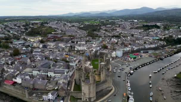 Top Vista Aerea Cinematografica Castello Caernarfon Caernarfon Gwynedd Galles Regno — Video Stock