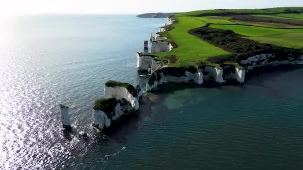 Engeland Prachtige Luchtbeelden Witte Kliffen Old Harrys Rocks Aan Zuidkust — Stockvideo