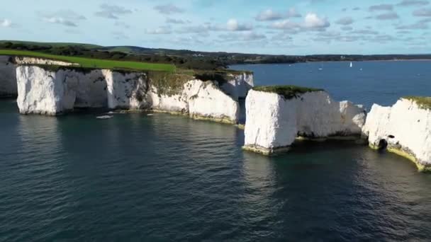 イングランド 白い崖の上の美しい空中映像 イギリスの南海岸にあるオールド ハリス ロックス イギリスのランドマーク 空の風景と野生の自然 — ストック動画