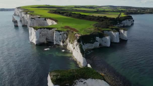 Inglaterra Belas Imagens Aéreas Sobre Penhascos Brancos Old Harrys Rocks — Vídeo de Stock