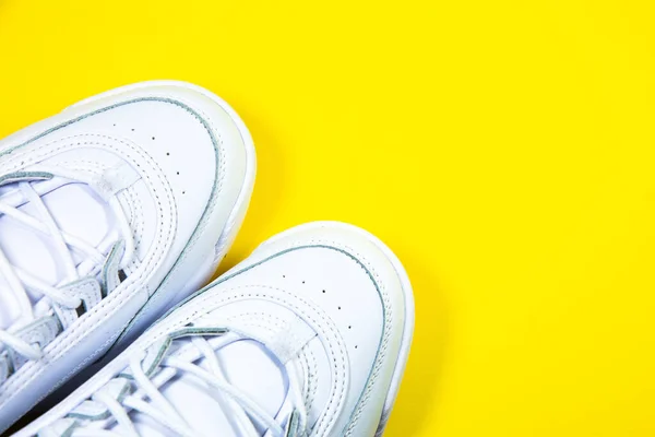 Modern Sneakers Yellow Background White Leather Trainers Big Sole Spikes —  Fotos de Stock