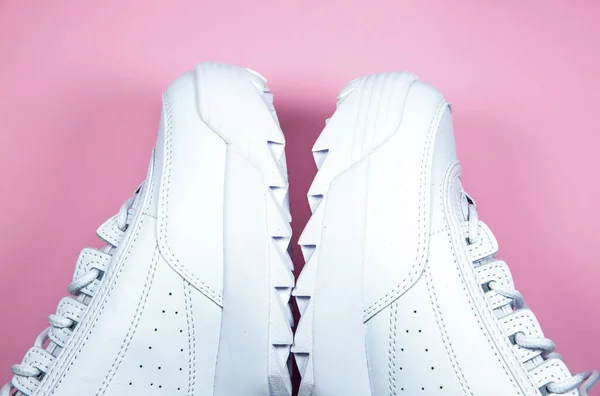 Modern Sneakers Pink Background White Leather Trainers Big Sole Spikes — 图库照片