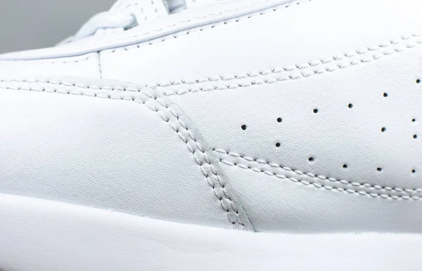 Modern Sneakers Background White Leather Trainers Seams Close Natural Fabrics — Fotografia de Stock