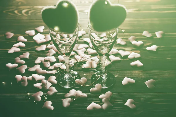 Hearts Wine Glasses Romantics Love Concept Festive Background Valentines Day — Stock Photo, Image