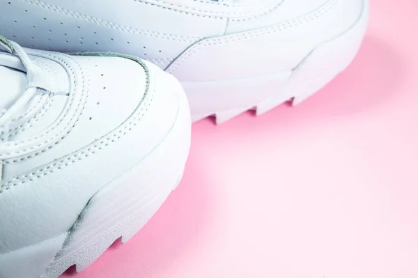 Modern Sneakers Pink Background White Leather Trainers Big Sole Spikes — Stockfoto