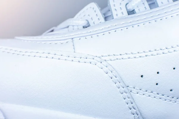 Modern Sneakers Background White Leather Trainers Seams Close Natural Fabrics — Stock Photo, Image