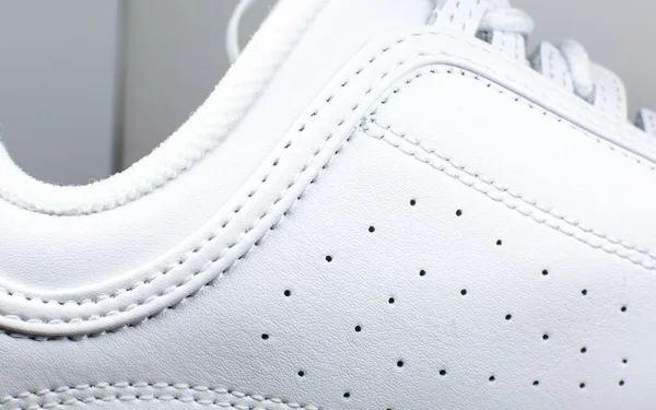 Modern Sneakers Background White Leather Trainers Seams Close Natural Fabrics — Fotografia de Stock