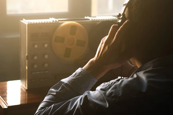 Secret Agent Listens Reel Tape Recorder Officer Wiretapping Headphones Spying — Stock Photo, Image