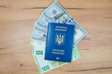 Masada dolar ve avro parayla Avrupa 'yı dolaşmak için Ukrayna biyometrik pasaport kimliği. Ukraynaca 