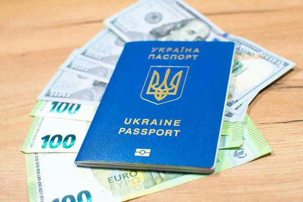 Ukrainian Biometric Passport Travel Europe Dollars Euros Money Table Inscription — 스톡 사진