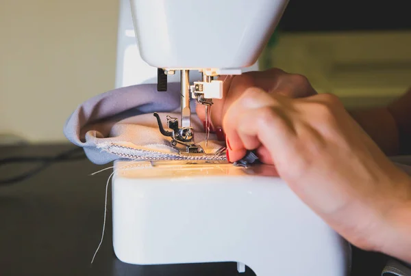 Woman Working Sewing Machine Girls Hands Red Manicure Fashion Concept —  Fotos de Stock