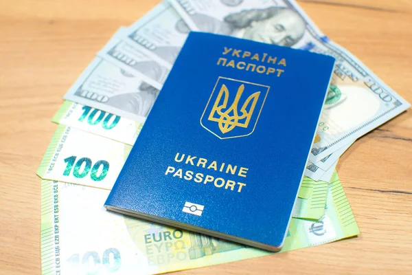 Ukrainian Biometric Passport Travel Europe Dollars Euros Money Table Inscription — стокове фото