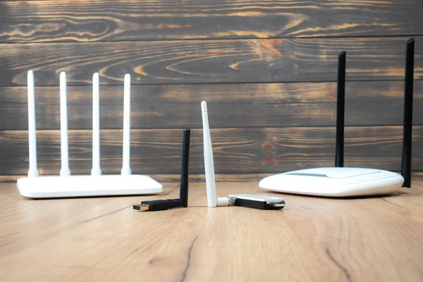 Different Types Routers Modern Old Technology Wireless Ethernet Connection Signal — Stock Photo, Image