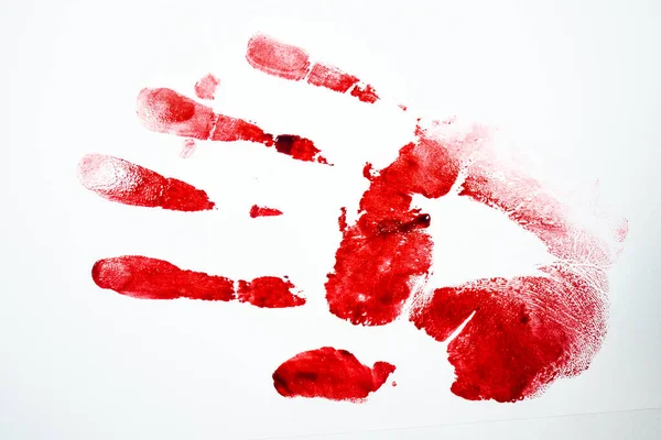 Red Bloody fingerprints and palm print  on the white background. Horror and crime scene concept. Halloween postcard.